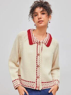 Cider Chunky Knit Cardigan Sweater Ivory Red Collared Button Front Size XL